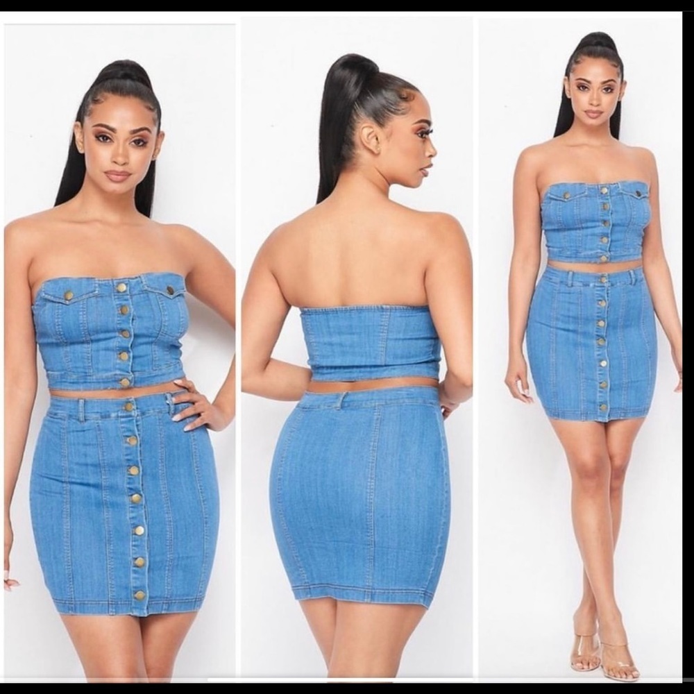 Classic Blue Stretch Denim Button Down Skirt Set
